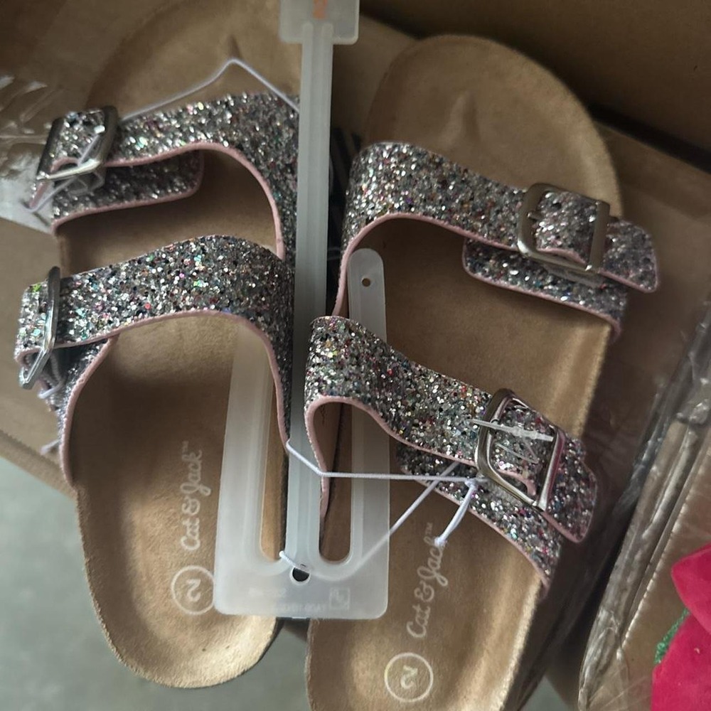 Cat & Jack Girls Silver‎ Glitter Double Buckle Slide Sandals Size 2